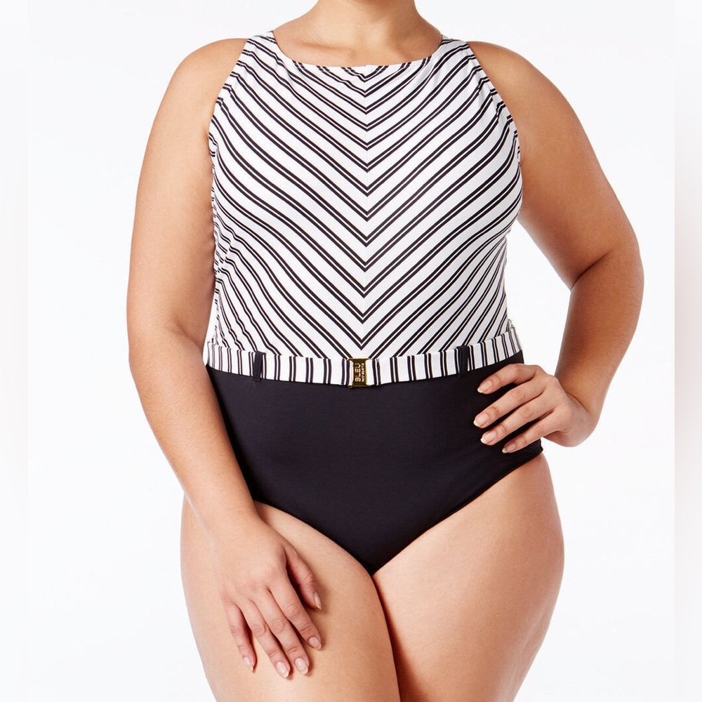 EUC! Bleu Rod Beattie Cruise Control Striped Hi Neck Belted Maillot 18W Swimsuit
